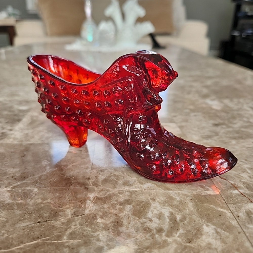 Ruby Red Hobnail, Cat Head Glass Slipper